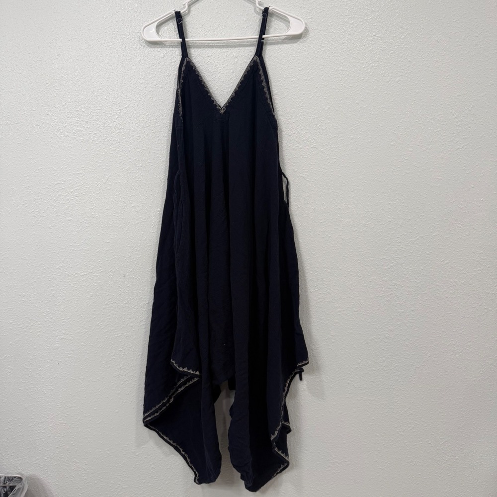 World Market Navy Blue Gauze Wrap Handkerchief Hem Jumpsuit Boho Embroidered S/M